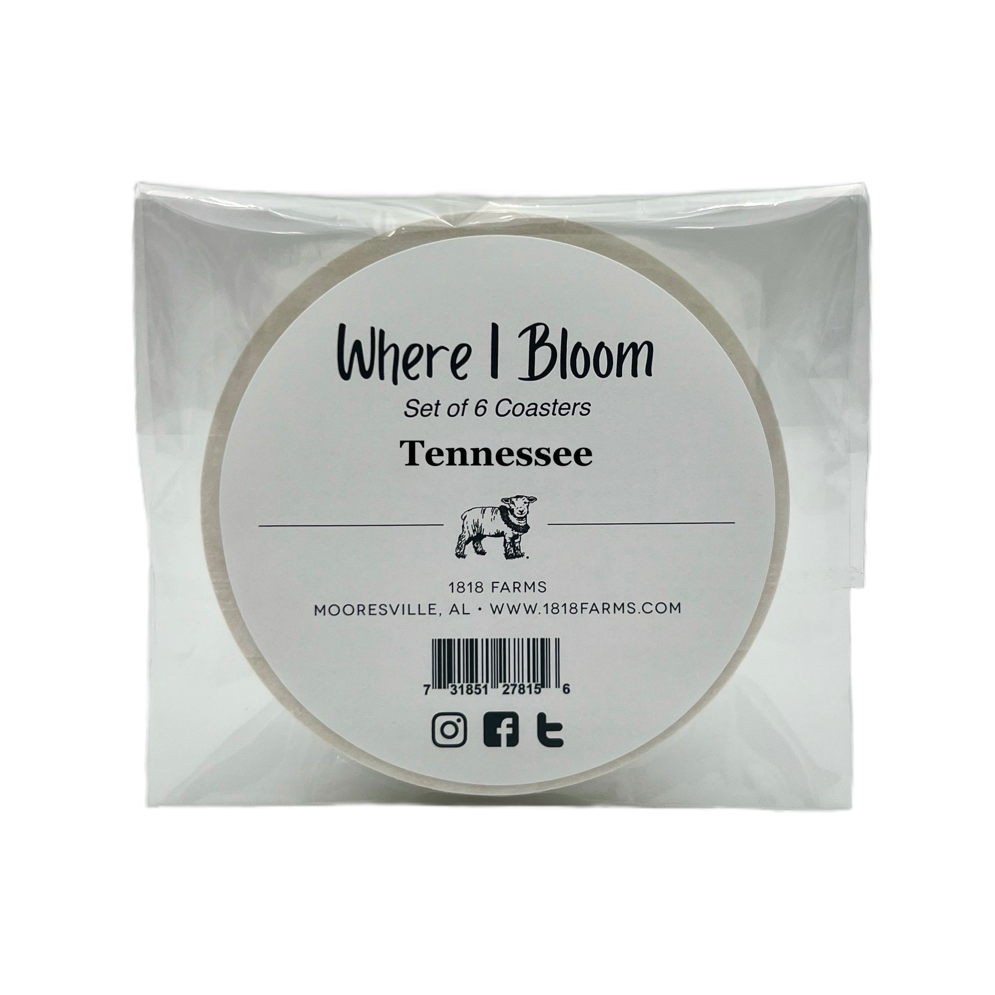 Tennessee Themed Coasters (Set of 6)  - "Where I Bloom" Collection Coaster 1818 Farms   
