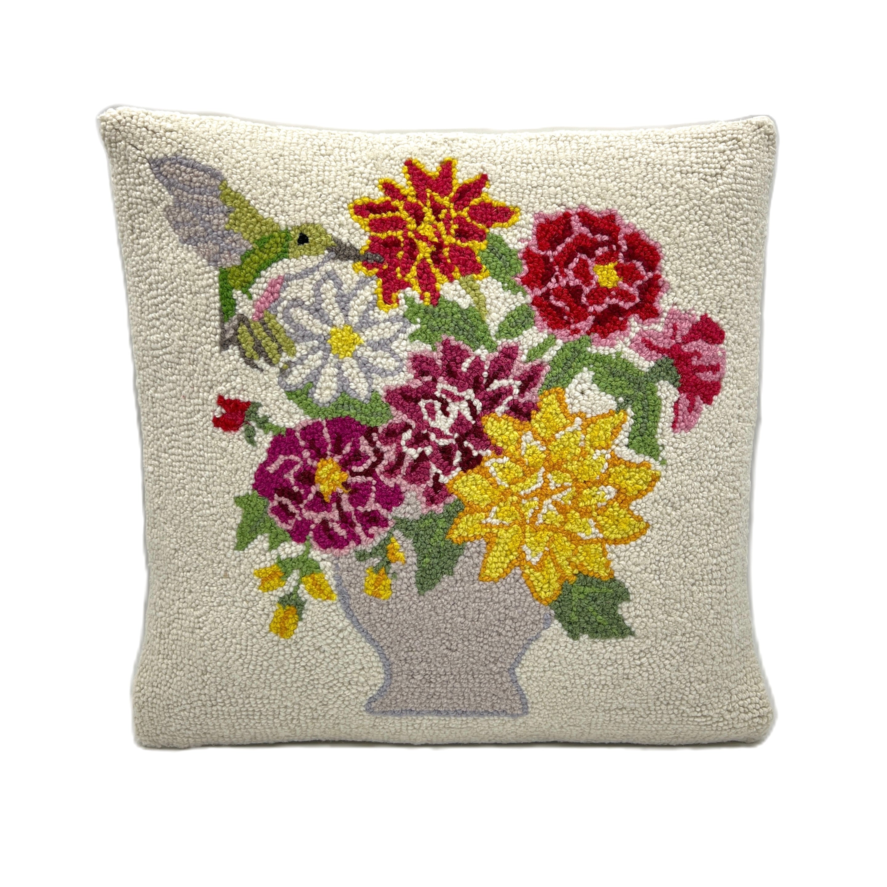 Dahlia Bouquet and Hummingbird Wool Hooked Pillow