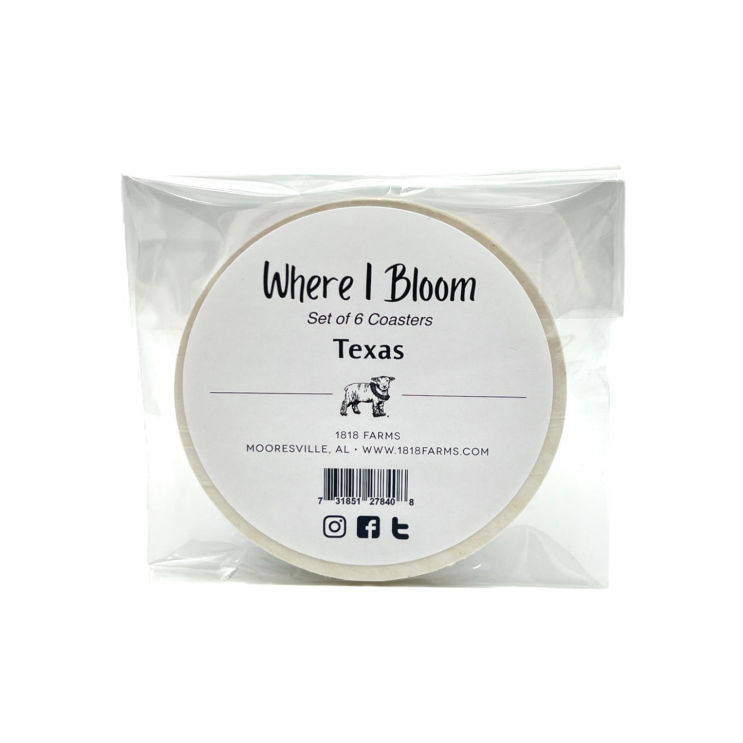Texas Themed Coasters (Set of 6)  - "Where I Bloom" Collection Coaster 1818 Farms   
