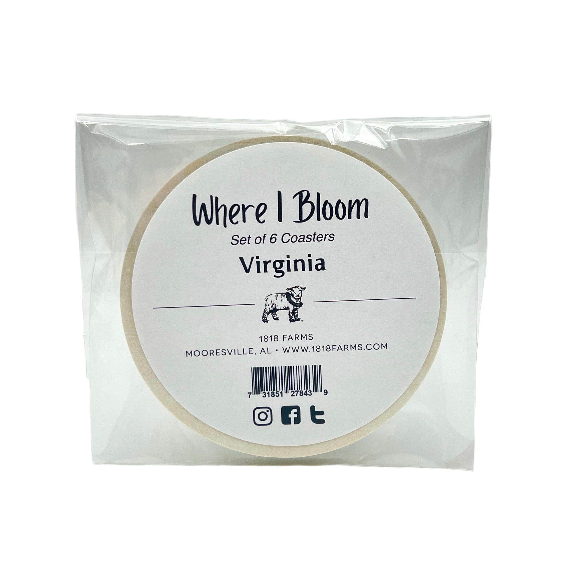Virginia Themed Coasters (Set of 6)  - "Where I Bloom" Collection Coaster 1818 Farms   