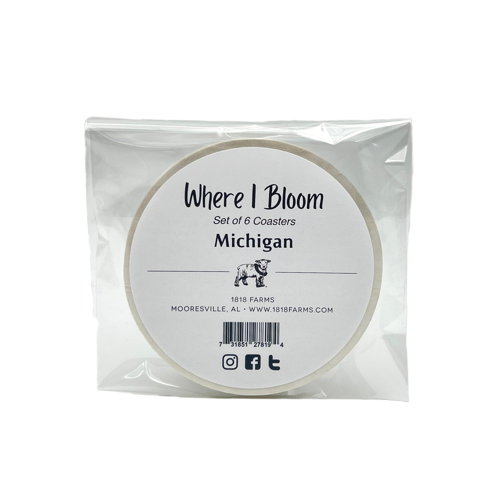 Michigan Themed Coasters (Set of 6)  - "Where I Bloom" Collection Coaster 1818 Farms   