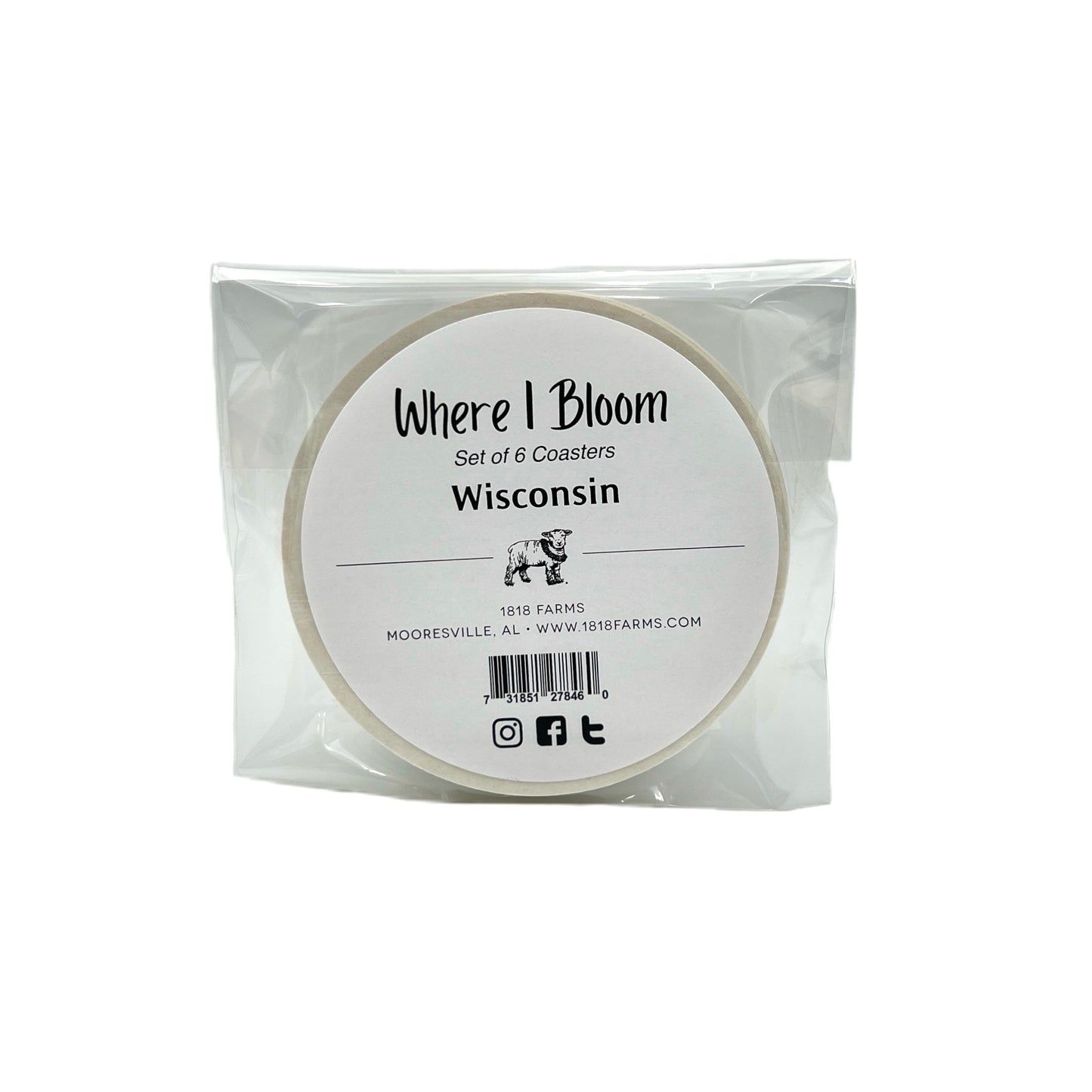 Wisconsin Themed Coasters (Set of 6)  - "Where I Bloom" Collection Coaster 1818 Farms   