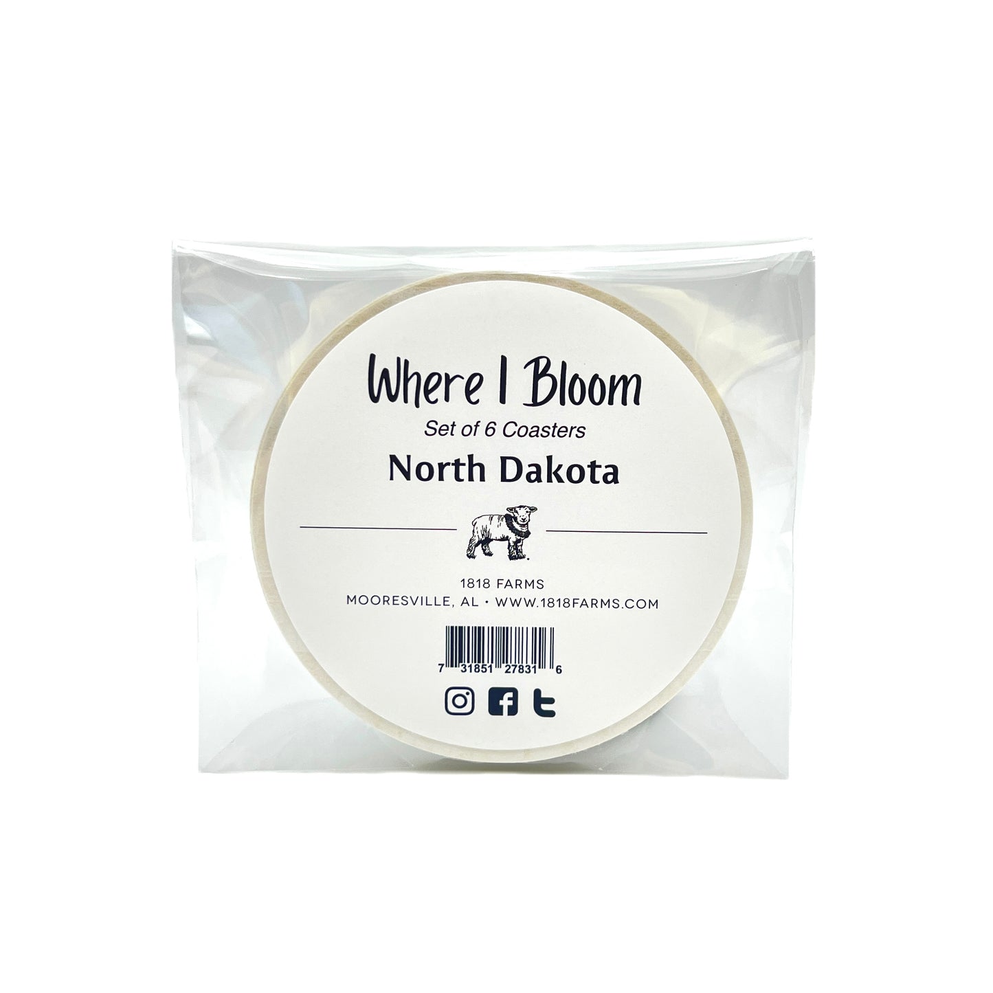 North Dakota Themed Coasters (Set of 6) - "Where I Bloom" Collection Coaster 1818 Farms