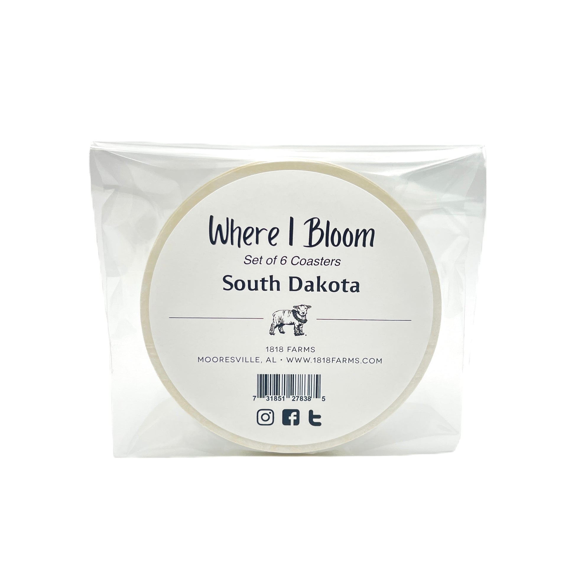 South Dakota Themed Coasters (Set of 6)  - "Where I Bloom" Collection Coaster 1818 Farms   