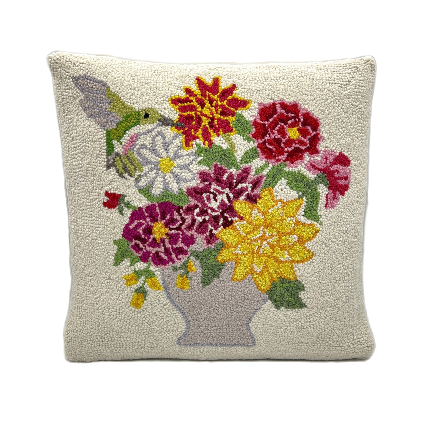 Dahlia Bouquet and Hummingbird Wool Hooked Pillow Pillow 1818 Farms   