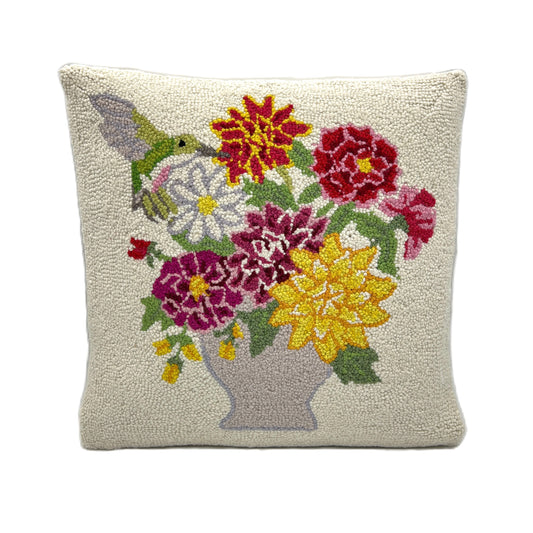Dahlia Bouquet and Hummingbird Wool Hooked Pillow Pillow 1818 Farms   