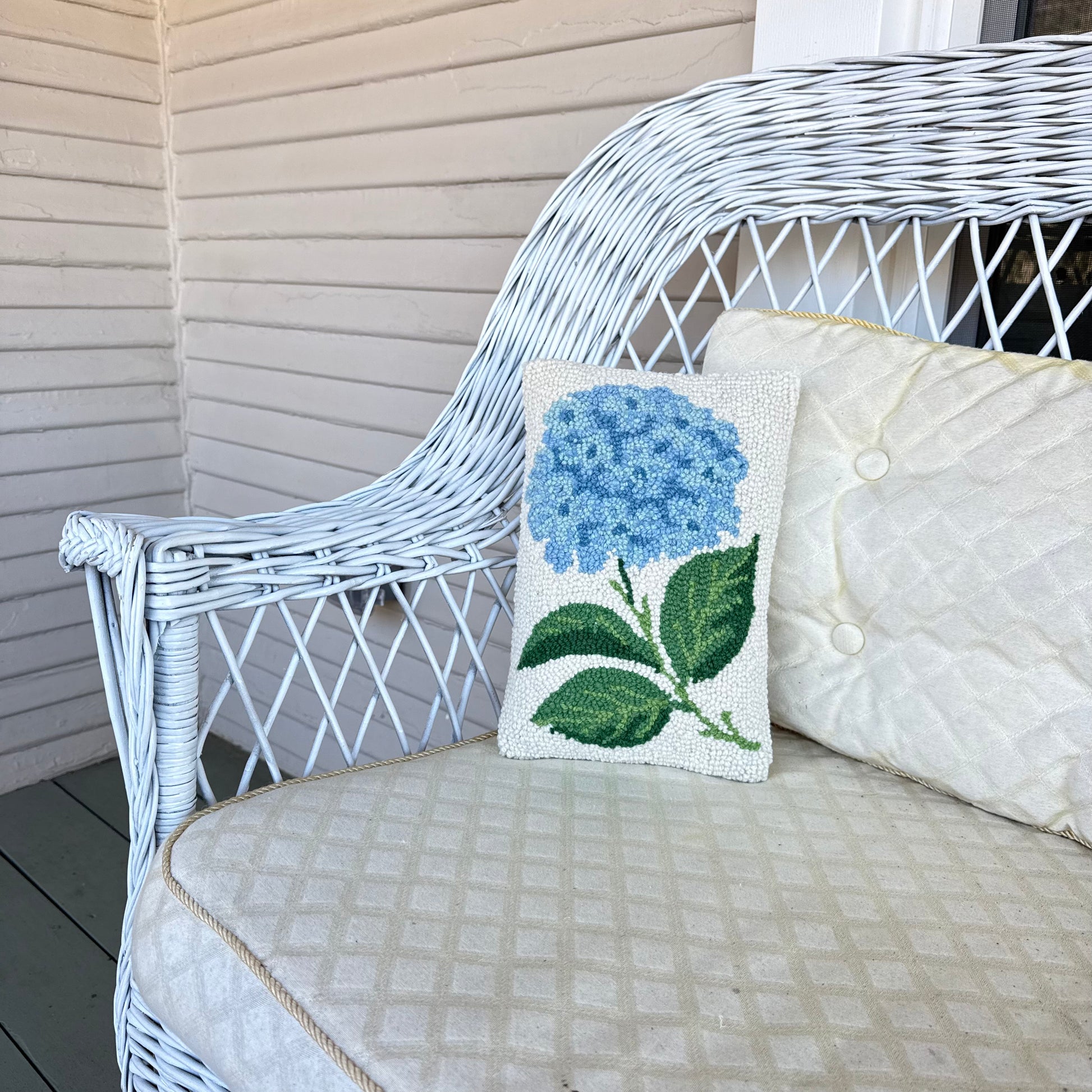 Single Blue Hydrangea Wool Hooked Pillow Pillow 1818 Farms