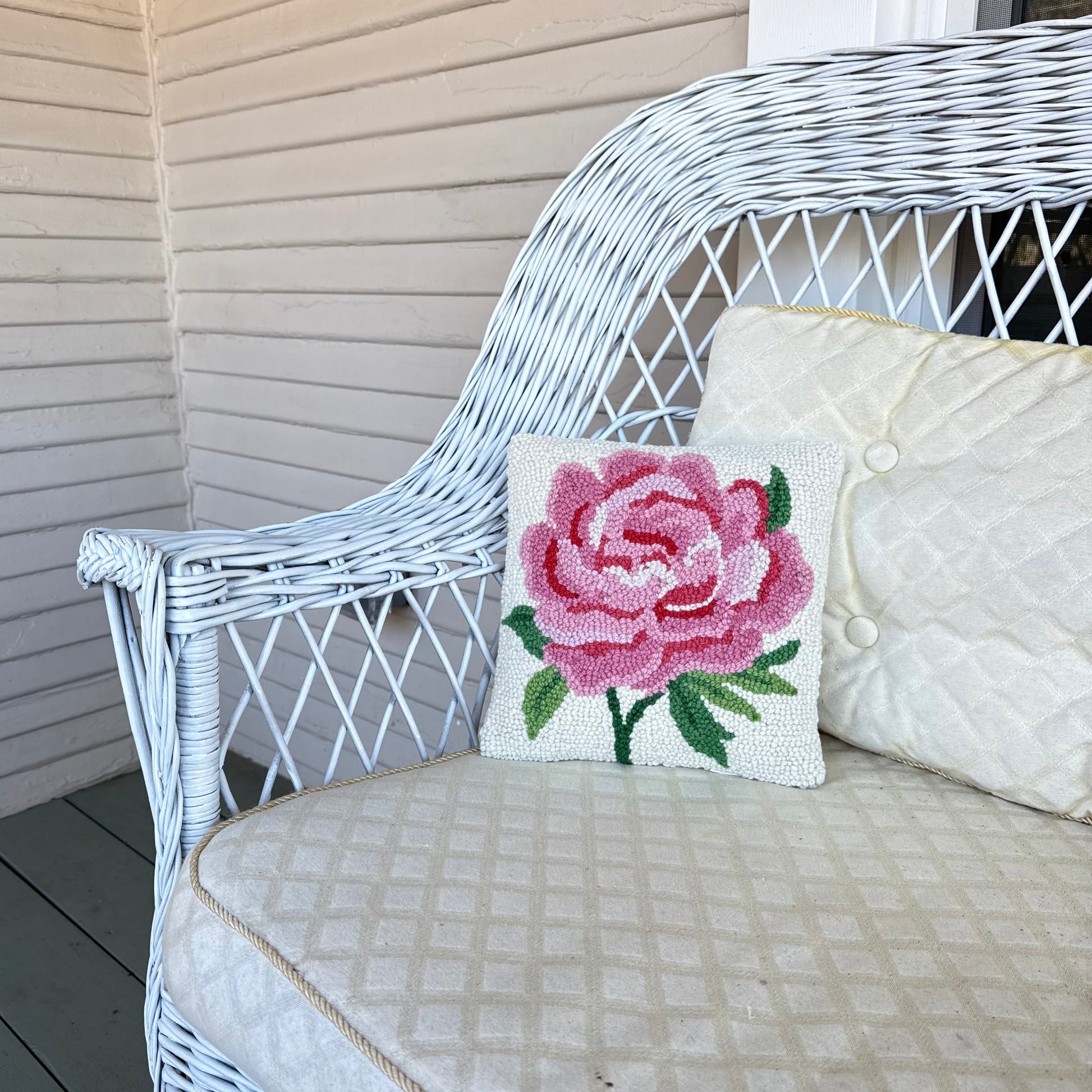 Pink Peony Wool Hooked Pillow Pillow 1818 Farms