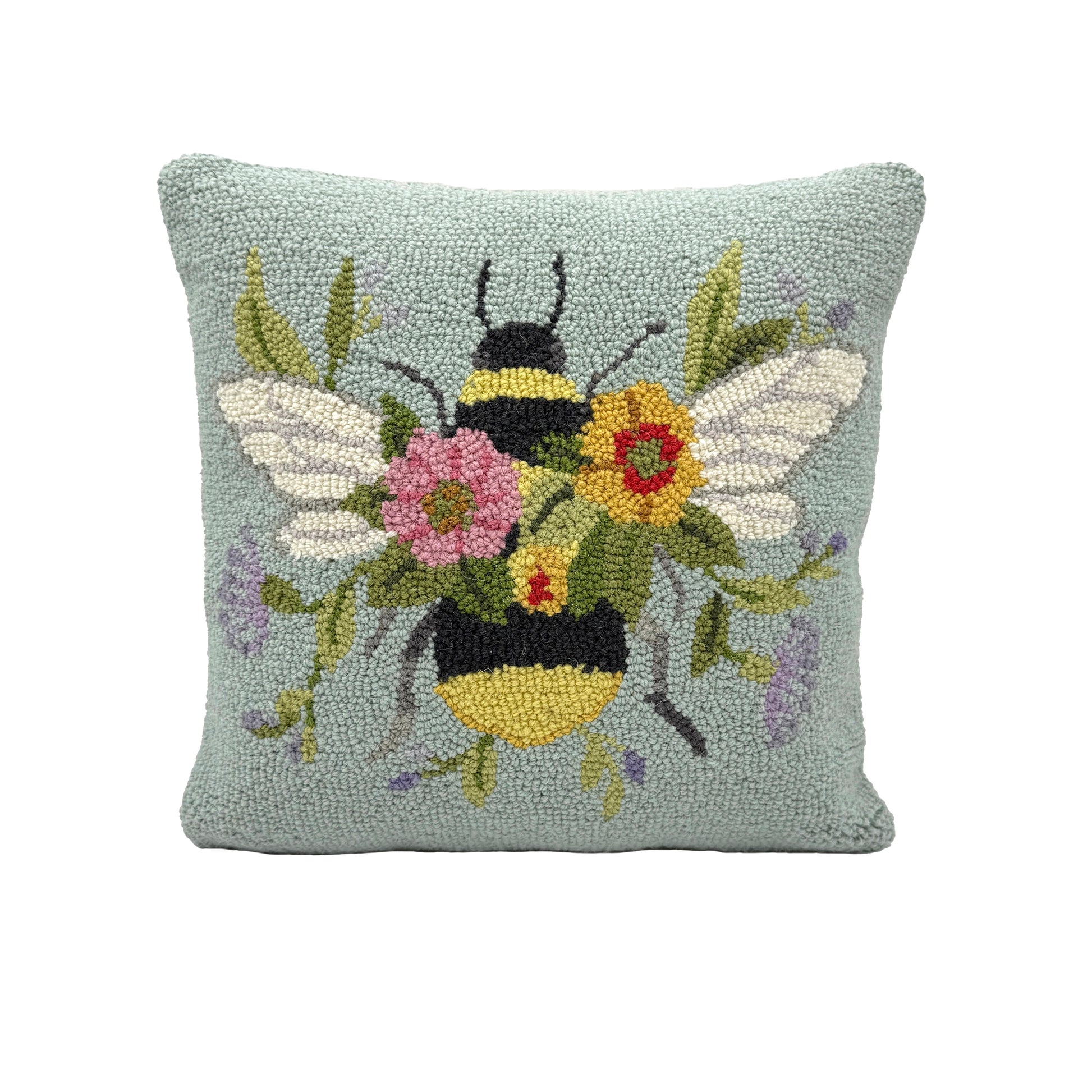 Floral Bee Over Flowers Wool Hooked Pillow