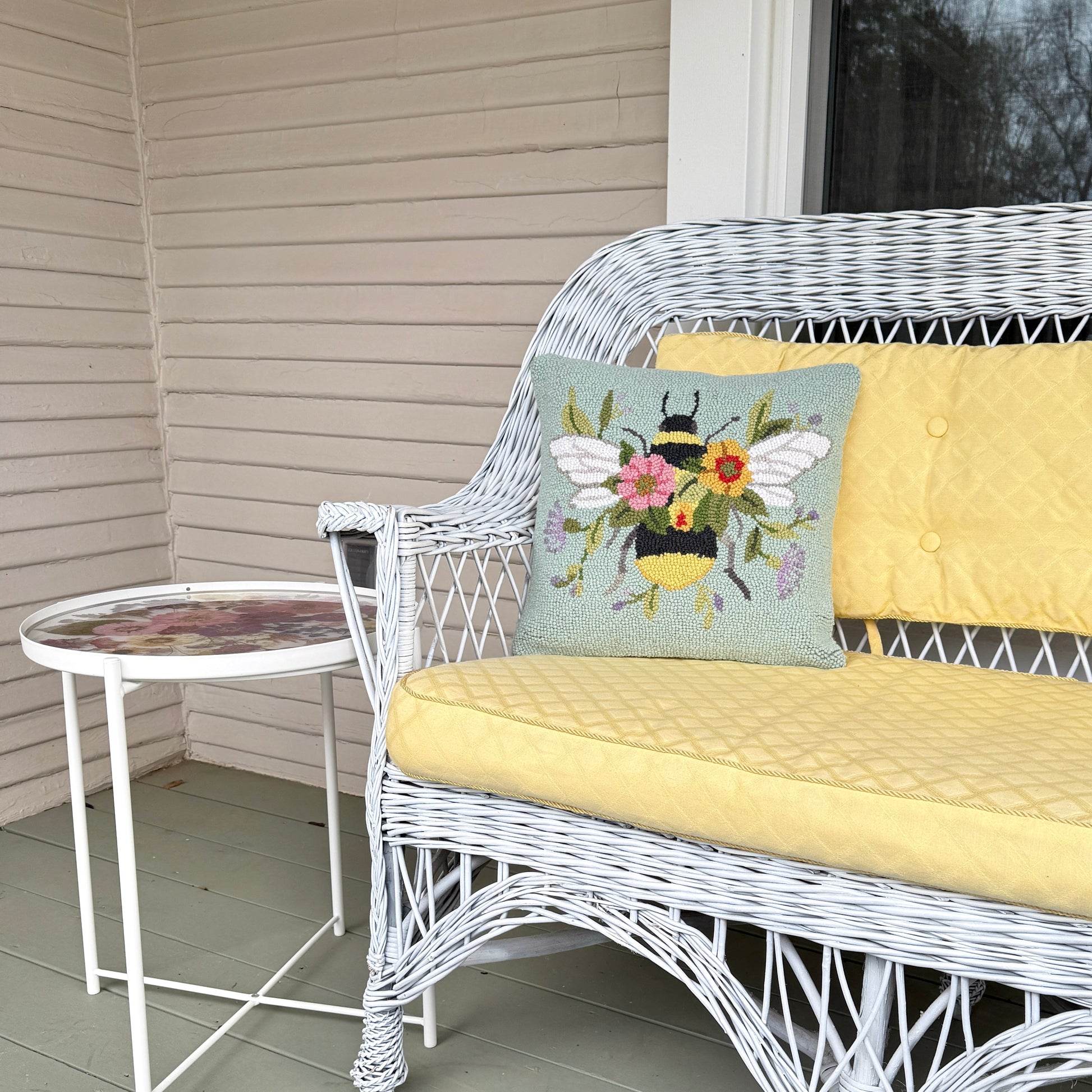 Floral Bee Over Flowers Wool Hooked Pillow