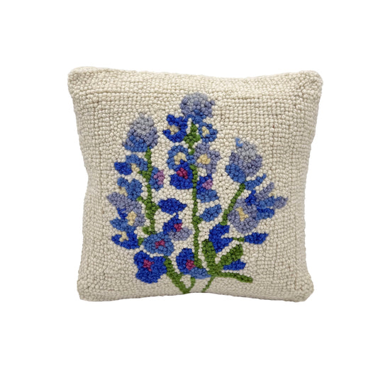 Blue Bonnet Wool Hooked Pillow