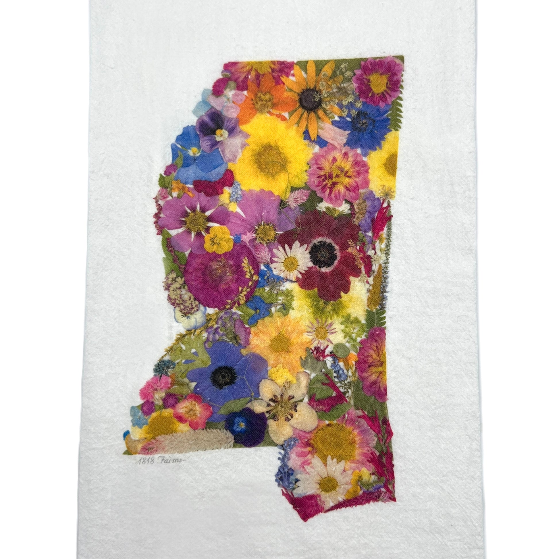 Mississippi Themed Flour Sack Towel Featuring Dried, Pressed Flowers - "Where I Bloom" Collection Towel 1818 Farms   