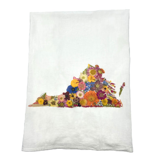 Virginia Themed Flour Sack Towel Featuring Dried, Pressed Flowers - "Where I Bloom" Collection