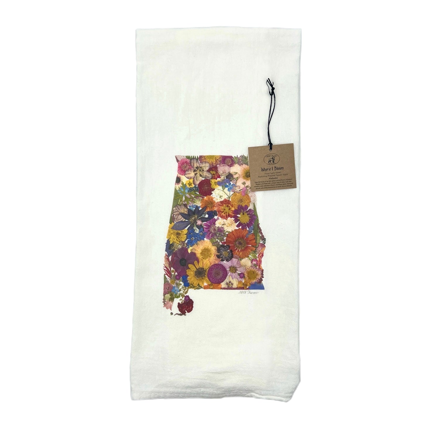 State Themed Flour Sack Towel Featuring Dried, Pressed Flowers - "Where I Bloom" Collection Towel 1818 Farms Alabama  