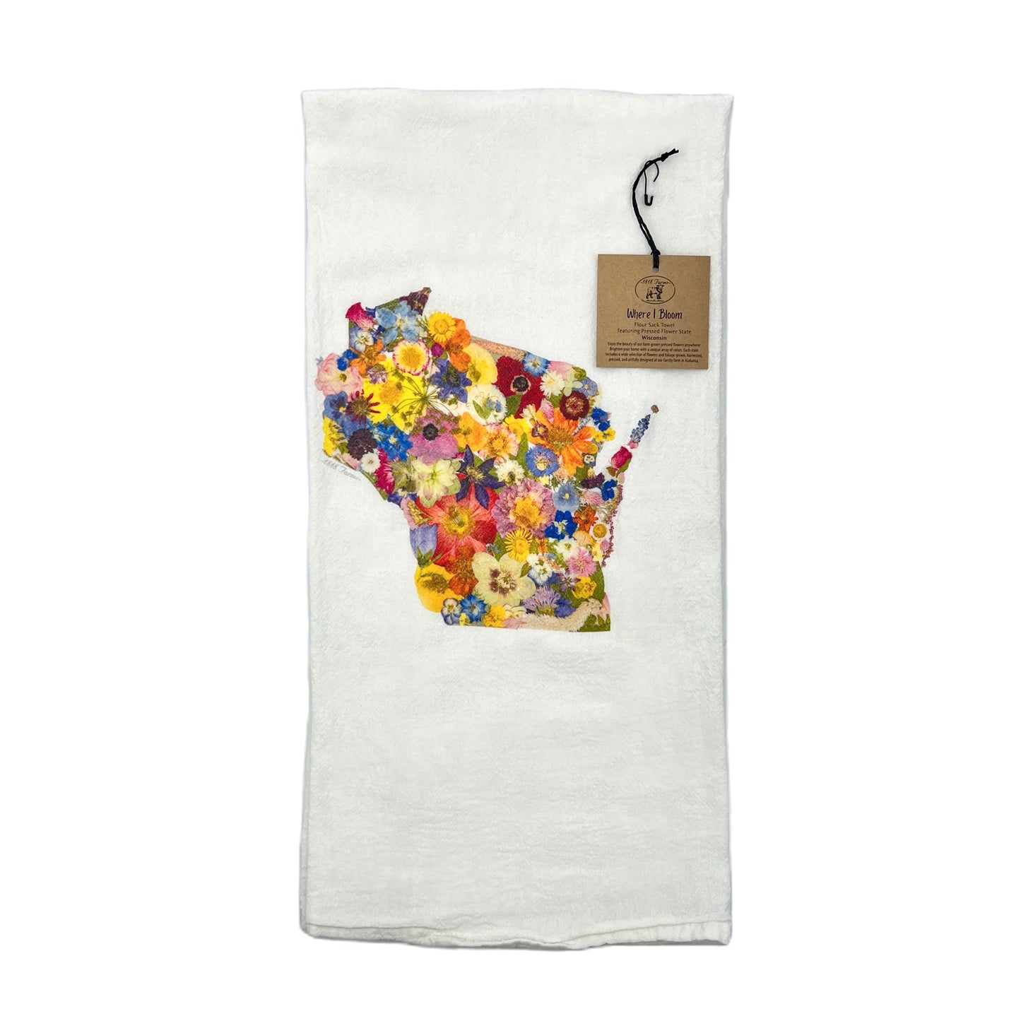 State Themed Flour Sack Towel  - "Where I Bloom" Collection Towel 1818 Farms Wisconsin  
