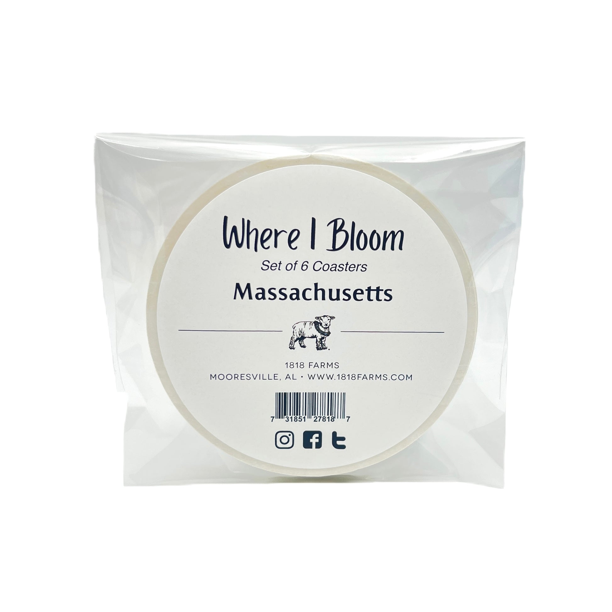 Massachusetts Themed Coasters (Set of 6)  - "Where I Bloom" Collection Coaster 1818 Farms   