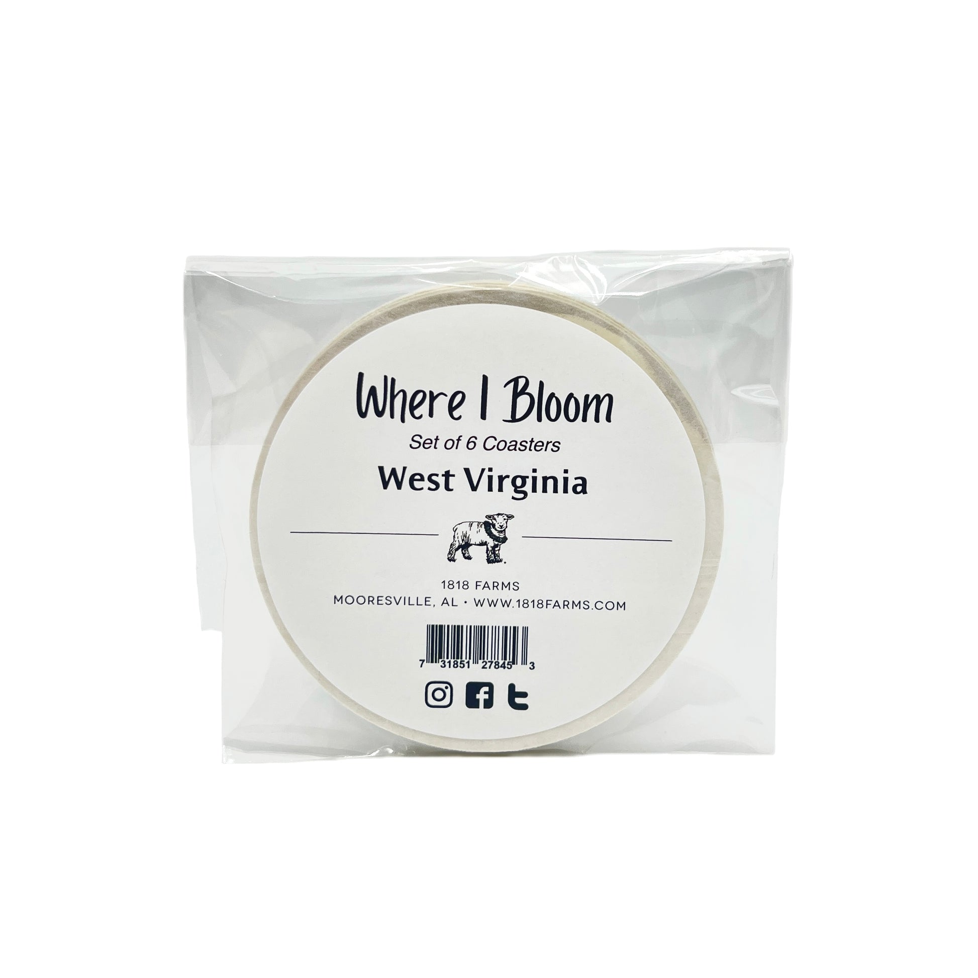 West Virginia Themed Coasters (Set of 6)  - "Where I Bloom" Collection Coaster 1818 Farms   